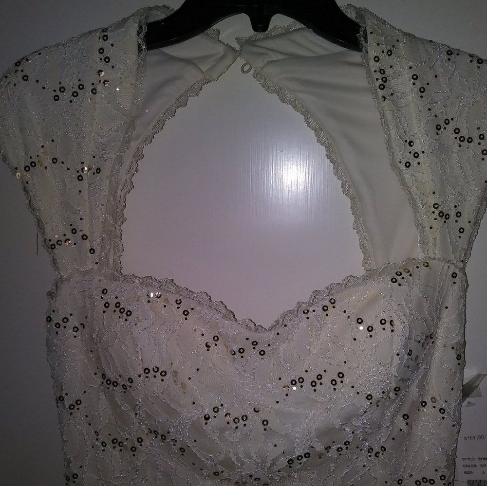 Long, white formal sequin dress.